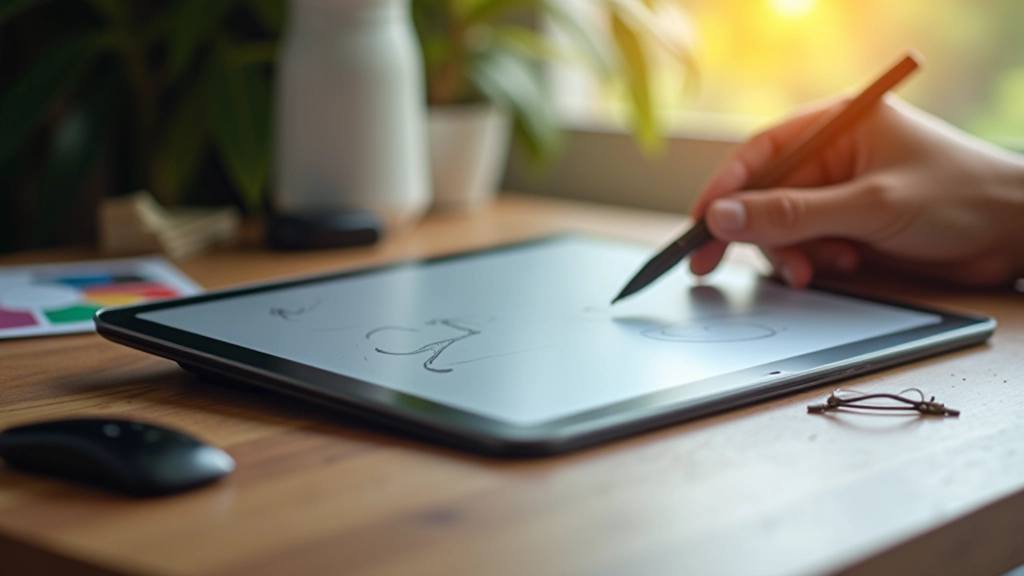Digital drawing tablet with stylus pen on wooden workspace with color swatches
